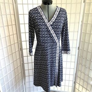 Talbots Navy and White Geometric L3/4 Sleeve Dress - EUC